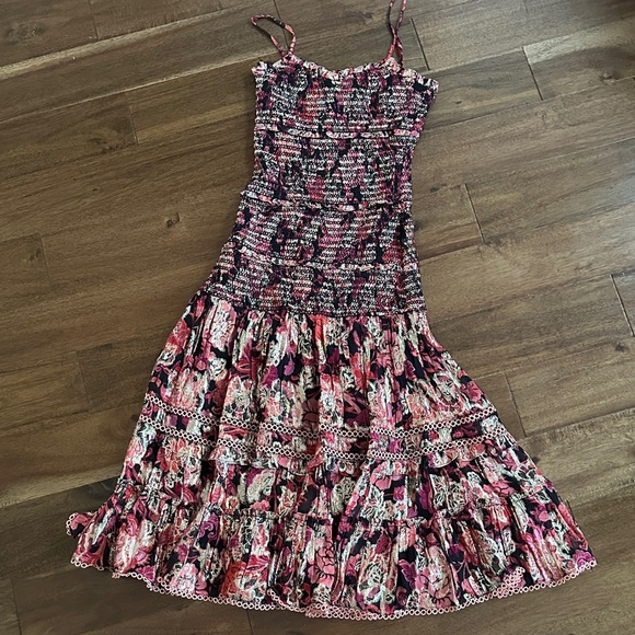 Hemant & Nandita Smocked Floral Metallic Tiered Maxi Dress Anthropologie REVOLVE - Picture 7 of 9